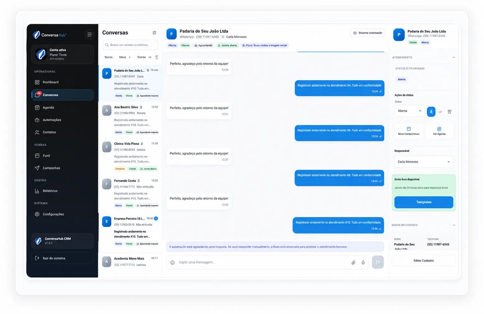 Inbox do ConversaHub com painel de informações do contato