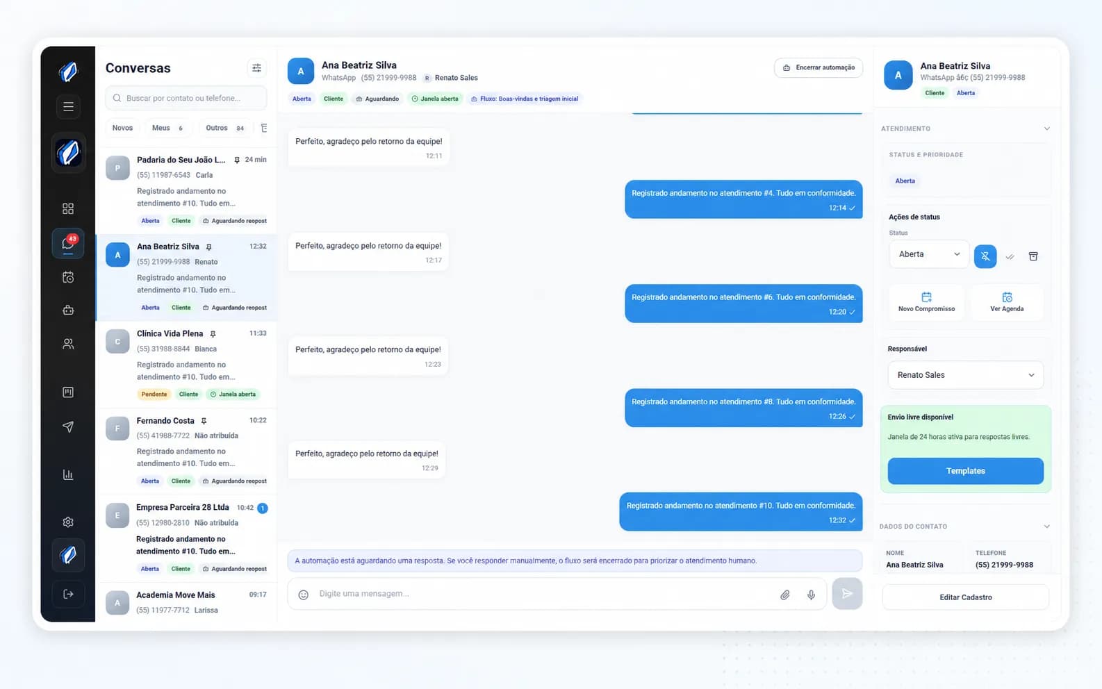 Inbox compartilhada do ConversaHub com lista de conversas e painel do contato